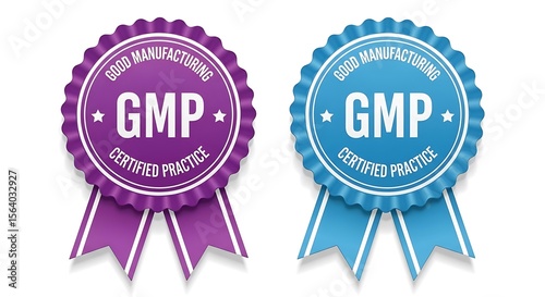 Purple blue circular badges with white text and ribbons award certification