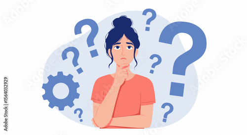  Woman Thinking: Questioning, Problem Solving, and Confusion. Illustration of a pensive woman surrounded by question marks, symbolizing thinking, confusion, and problem-solving
