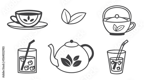 Minimal Tea Icons Set - Teacups, Teapots, Leaves, Pitcher, Infuser - Black Outline Style