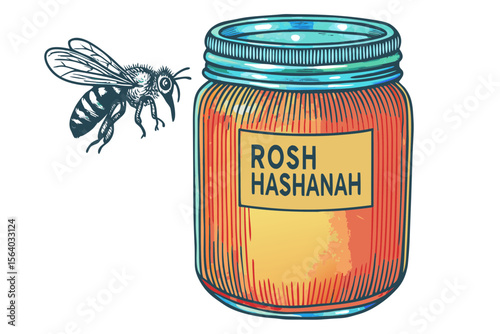 Rosh Hashanah Honey Jar with Bee Illustration for Holiday Blogs, Jewish New Year Websites, Cultural Awareness, and Home Decor Content  