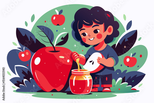 Child Enjoying Honey and Apples in Celebration of Rosh Hashanah for Blogs, Educational Content, Holiday Awareness, and Cultural Traditions  