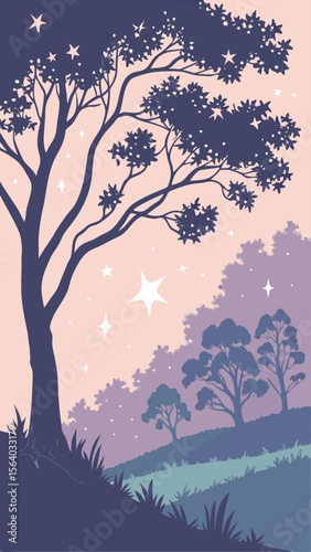 Enchanting silhouette forest scene with stars decorative design for backgrounds and illustration