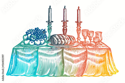 Rosh Hashanah Table Setting with Challah, Apples, and Candles for Holiday Blogs, Educational Articles, Cultural Awareness, and Religious Celebrations  
