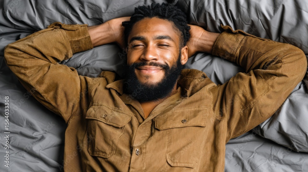 Obraz premium A man with a beard relaxing comfortably on a bed with gray sheets and pillows