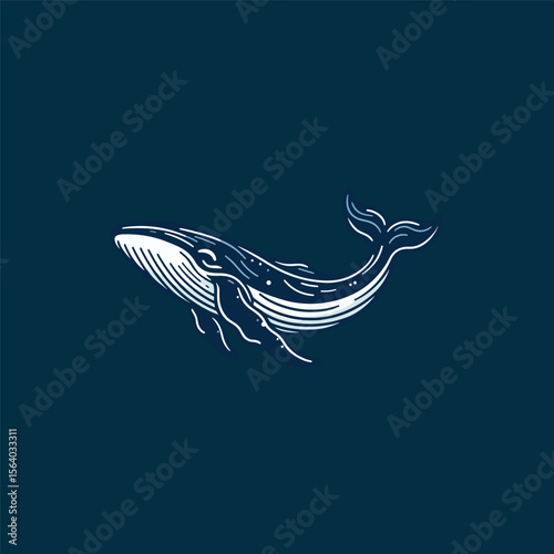 Artistic illustration of a whale swimming gracefully in deep blue ocean waters with abstract patterns