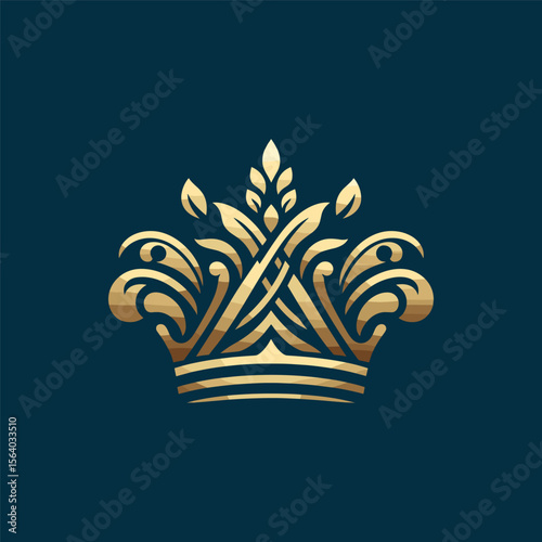 Elegant golden crown design with ornate details, set against a dark blue background, symbolizing royalty