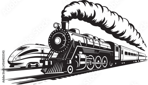  Silhouette of Steam and Modern Trains Vector Illustration