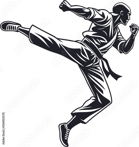 Dynamic vector illustration of a martial artist in action showcasing agility and strength with vibrant colors and clean lines perfect for sports or cultural themes
