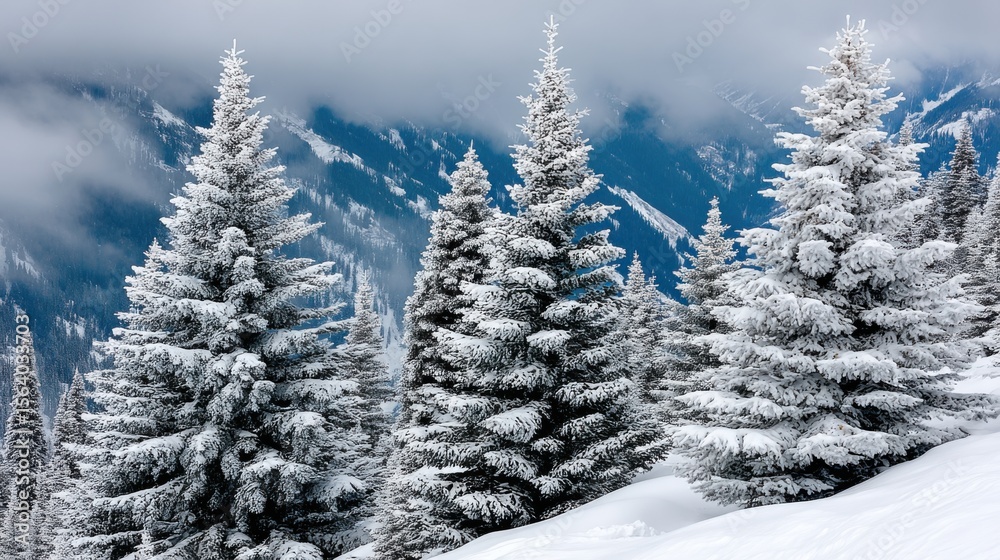 Naklejka premium Snow-covered pine trees stand tall against a misty mountain backdrop, creating a serene winter landscape
