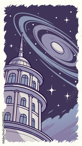 Futuristic architecture under galactic swirls with stars against a transparent background