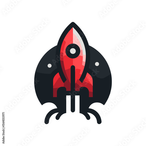 Vibrant red rocket launching against a dark circular background, symbolizing innovation and exploration