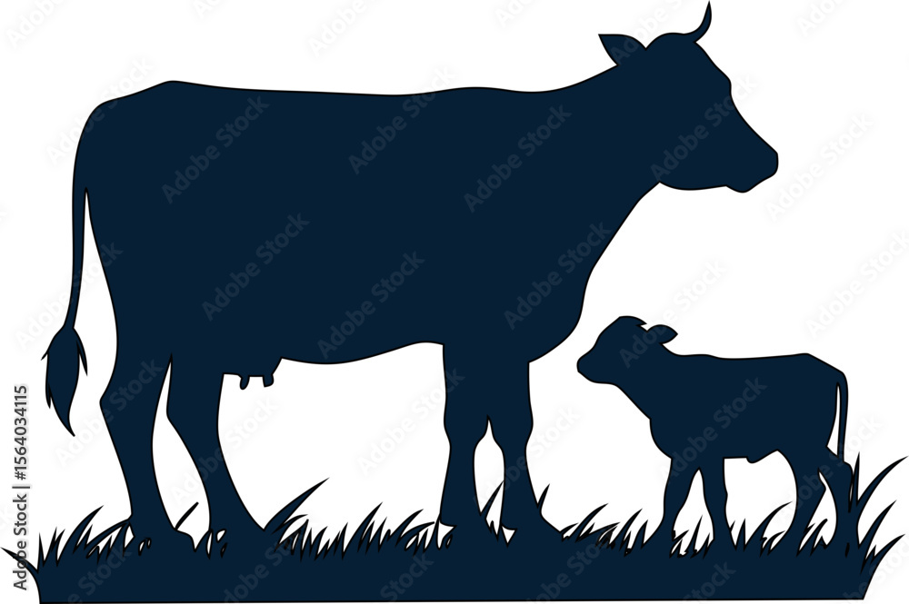 Fototapeta premium Farm animal silhouette of cow and calf, great for country life and milk industry visuals.