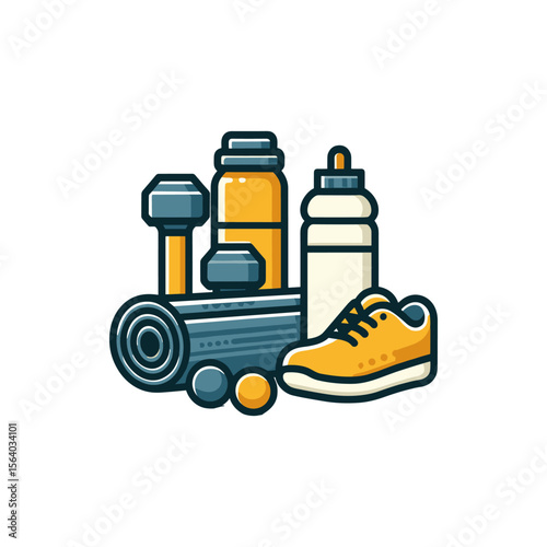 Fitness Equipment Arrangement with Dumbbells, Water Bottles, and a Yoga Mat in a Home Gym Setting