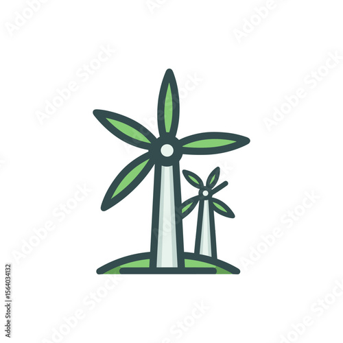 Two stylized wind turbines on a green hill, symbolizing renewable energy and sustainability
