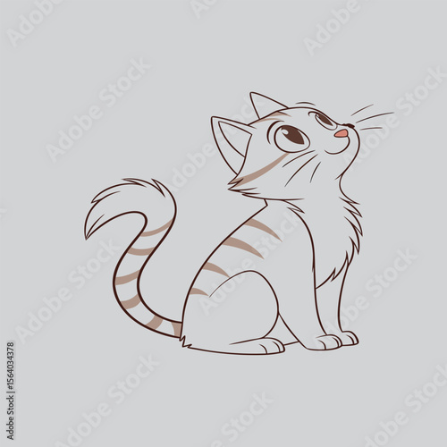 Cute cartoon tabby cat sitting and looking up with curiosity and wonder