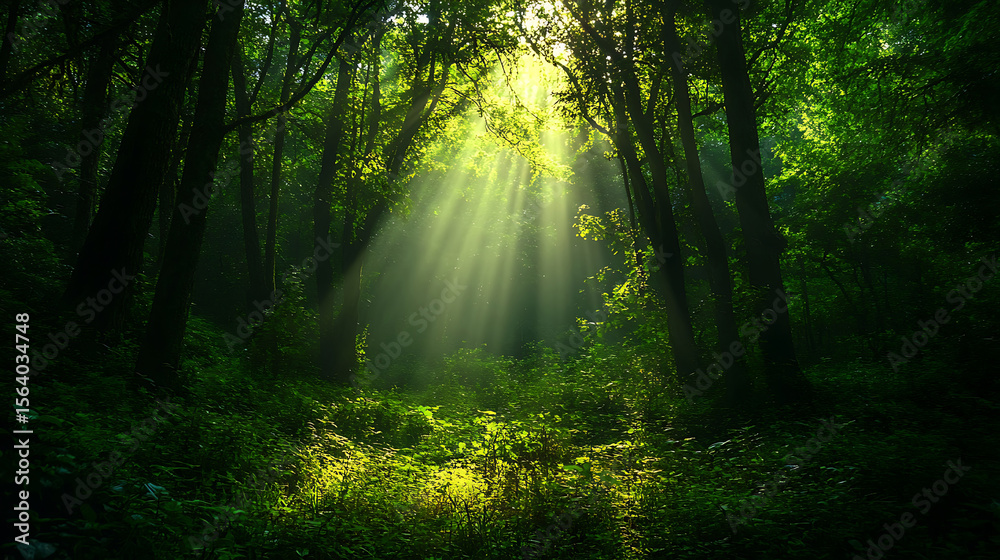 Obraz premium Sunlight filtering through trees in a lush green forest landscape creating a serene ambiance