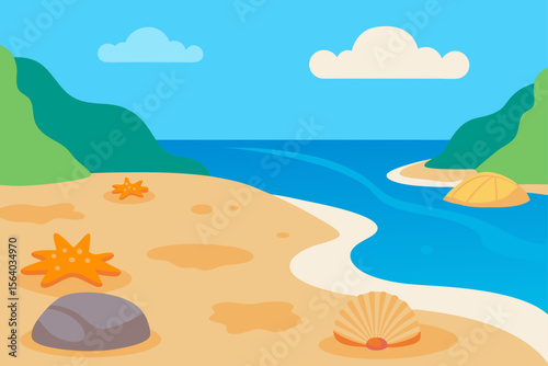 Cartoon Beach Cove with Tide Pools and Seashells Illustration