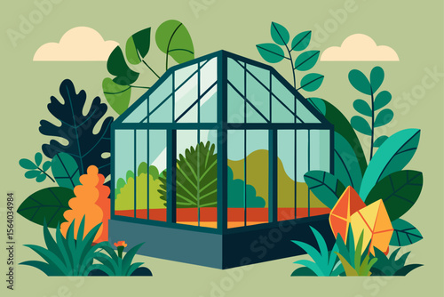 Cartoon Botanical Garden with Greenhouse and Colorful Foliage