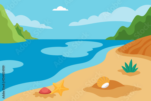 Tropical Beach Cove Cartoon with Tide Pools and Seashells