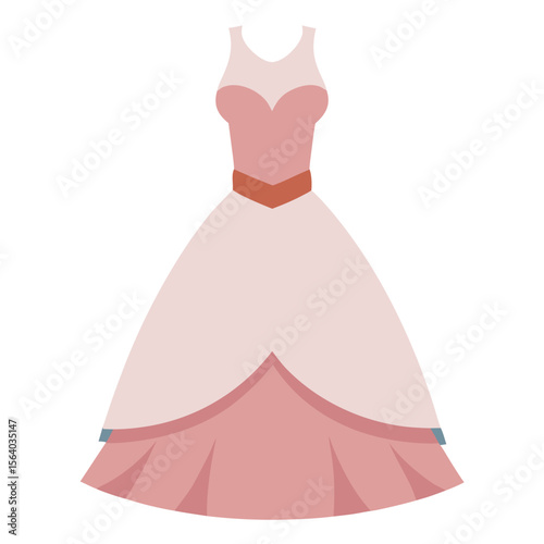 
A pink ball gown with a fitted bodice, brown belt, full skirt, and ruffled hem, featuring a sleeveless design typical of formal evening wear or princess-style dresses.