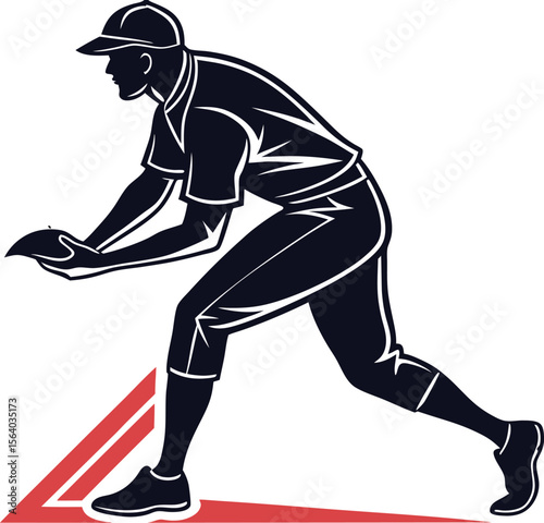 Dynamic silhouette of a baseball player in a ready stance perfect for sports branding apparel and game day promotions capturing athletic action and focus