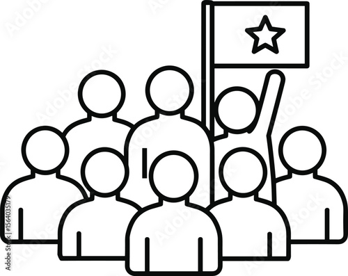 Group of people with flag icon, community unity symbol, teamwork line art, leadership and support, social group illustration