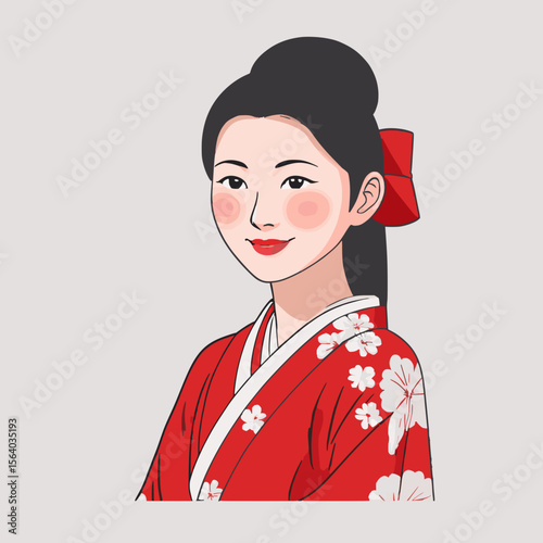 Portrait of a smiling Japanese woman in traditional red kimono with floral patterns – flat vector illustration  