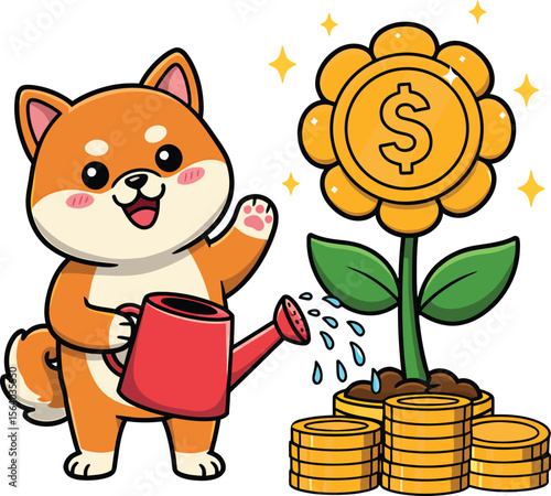 Cute shiba inu dog watering a money flower with gold coins and sparkles vector illustration