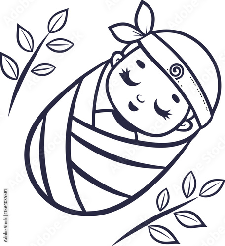 Charming vector illustration of a newborn baby peacefully sleeping swaddled in soft fabric perfect for baby shower invitations and nursery decor