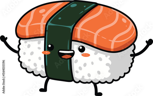 Happy salmon nigiri sushi character waving with arms raised in excitement vector illustration