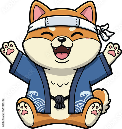 Joyful shiba inu dog wearing a traditional japanese kimono and headband with open paws vector illustration