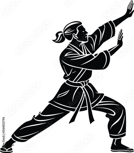 Dynamic vector illustration of a martial artist in a powerful defensive stance showcasing agility and strength with vibrant colors and clean lines
