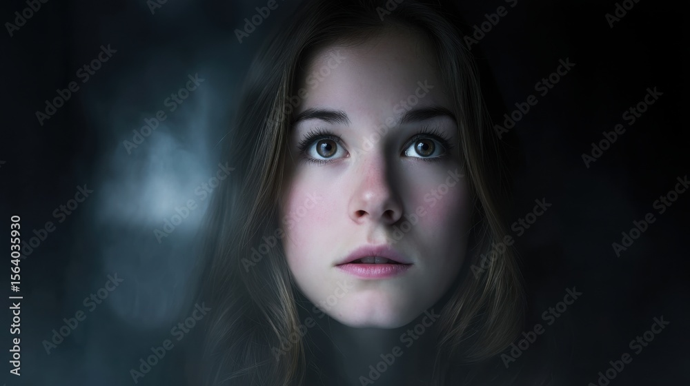 Fototapeta premium Close-up of a young woman with fair skin and long brown hair looking directly at the camera