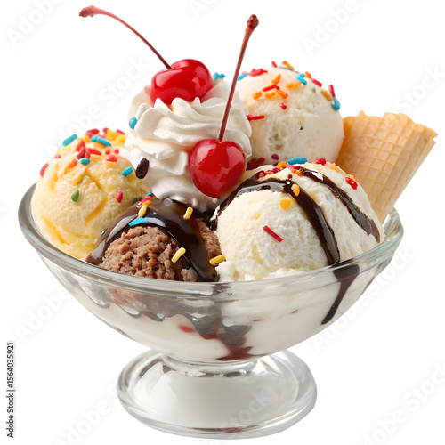 Delicious ice cream sundae with cherries whipped cream and sprinkles isolated on transparent background