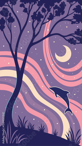 Nighttime dreamscape featuring a dolphin leaping with swirling colors and a crescent moon
