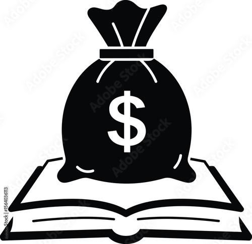 Money bag on book icon, financial education concept, investment knowledge graphic, learning wealth symbol, budget and finance literacy illustration