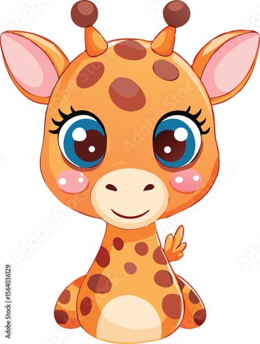 Cute baby giraffe cartoon character with big blue eyes. Adorable kawaii animal vector illustration, isolated on white background, for kids and nursery decor.
