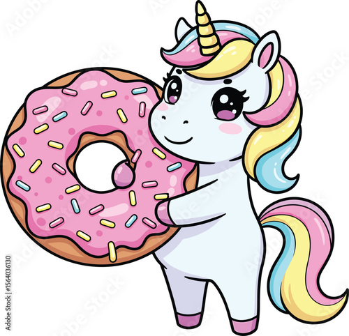 Adorable cartoon unicorn holding a large pink frosted donut with colorful sprinkles vector illustration