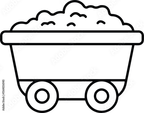 Old mining cart filled with ore, vintage mine wagon on wheels, black and white illustration, retro coal cart drawing, industrial transportation equipment vector