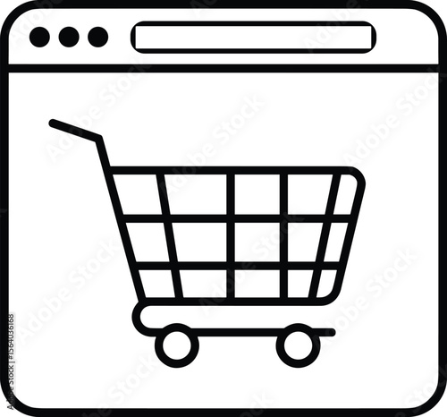 Online shopping cart icon, e-commerce website symbol, digital store element, purchase basket graphic, internet shopping illustration, retail technology, web commerce interface design