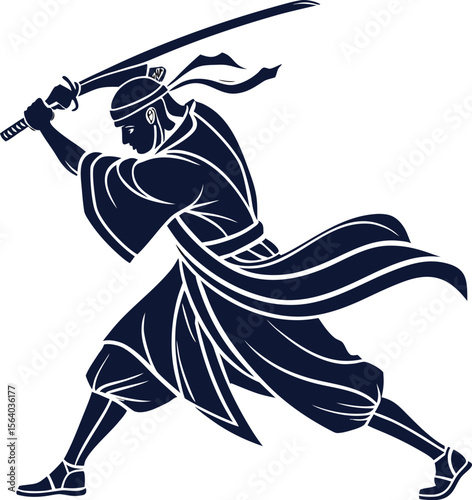 Dynamic illustration of a samurai warrior in intense combat captured in a stylized silhouette with vibrant color accents and a sense of action