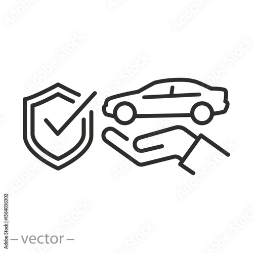 insurance car icon, auto with shield, property insurance, save transport,  hand with automobile, thin line symbol on white background - editable stroke vector illustration eps10