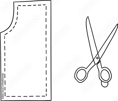 Sewing Pattern Outline and Scissors, Symbolizing Tailoring, Dressmaking, Crafting, DIY Fashion Projects, Textile Design, and Creative Apparel Production in Minimal Line Art