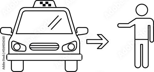 Taxi Cab Arriving for Passenger, Depicting Ride-Sharing Service, Transportation, Urban Travel, Public Transit, Hailing a Cab, or On-Demand Mobility in Outline Icon Style