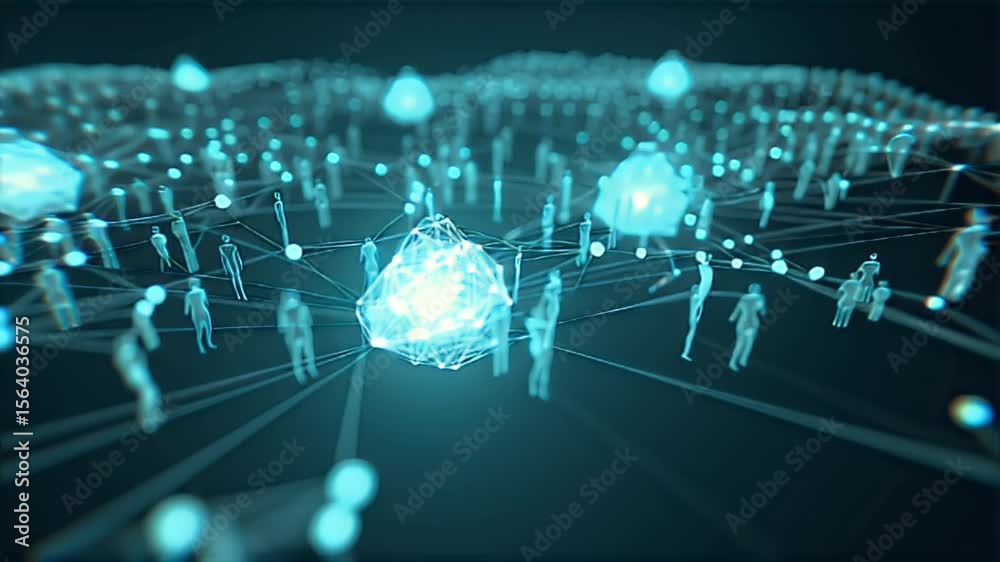A breathtaking visualization of interconnected life. Humans, plants, and microbes glow with a faint, ethereal Jiva light, their luminescence forming a mesmerizing network.