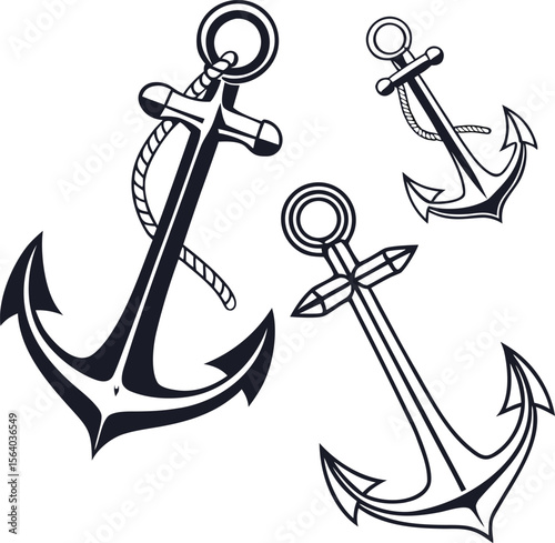 A collection of three stylized anchor illustrations perfect for nautical themes maritime branding and sea inspired designs presented in a versatile vector format