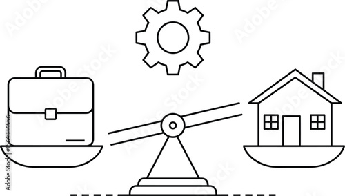 Work-Life Balance Scales with Briefcase, Home, and Gear Icon, Symbolizing Equilibrium Between Career and Personal Life, Productivity, and Harmony in Modern Lifestyles