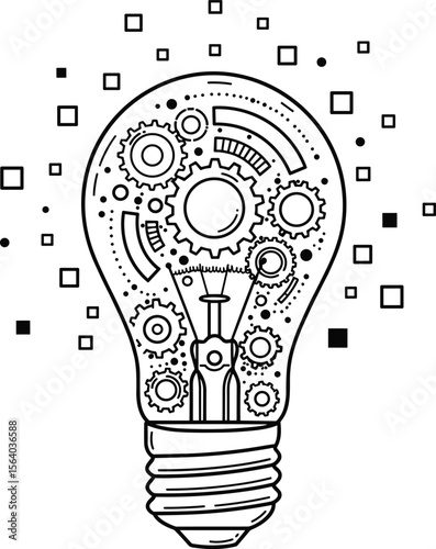 Innovation concept, gear light bulb, creative idea symbol, technology inspiration icon, mechanical thinking, digital design, intelligent solution, technical imagination