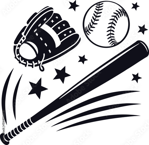 A vibrant and stylized collection of baseball elements featuring classic equipment action poses and team spirit perfect for sports themed designs and apparel