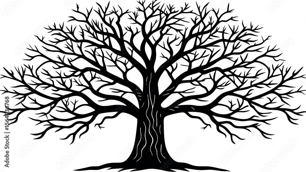 Obraz premium Vector art of a stark silhouette of a bare tree with outstretched branches stands against a serene blue sky and distant mountains